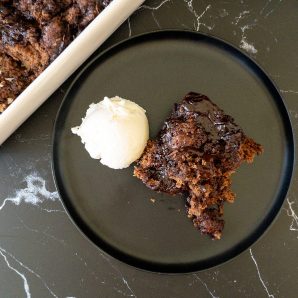 Hot chocolate pudding with vanilla ice cream
