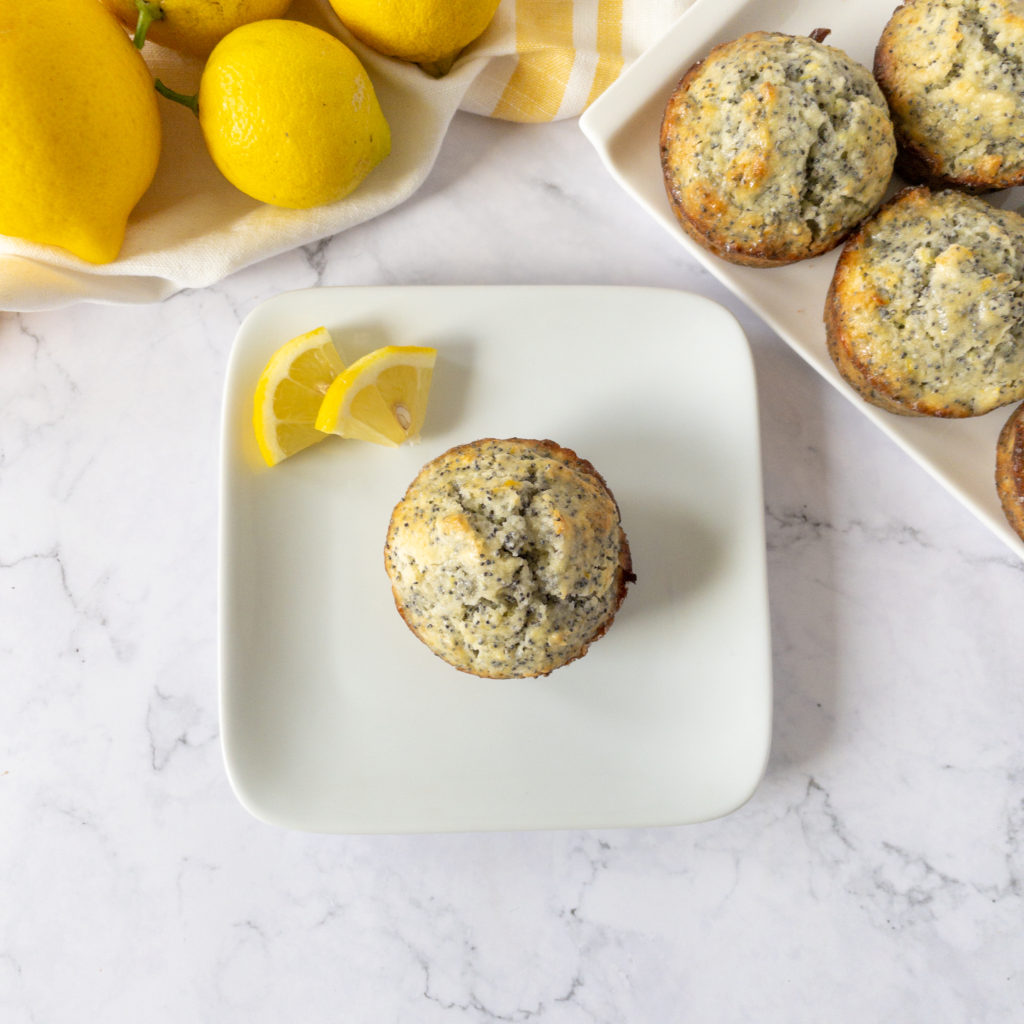 overhead shot of single muffin with lemon slices