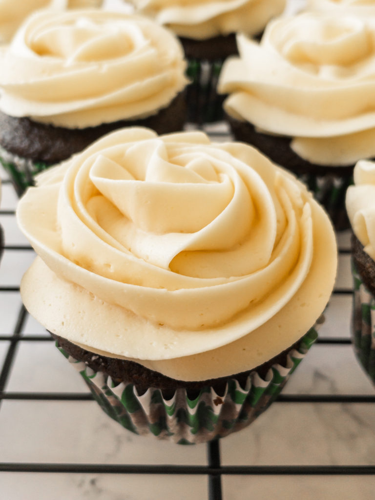 Chocolate cupcakes frosted with Baileys buttercream