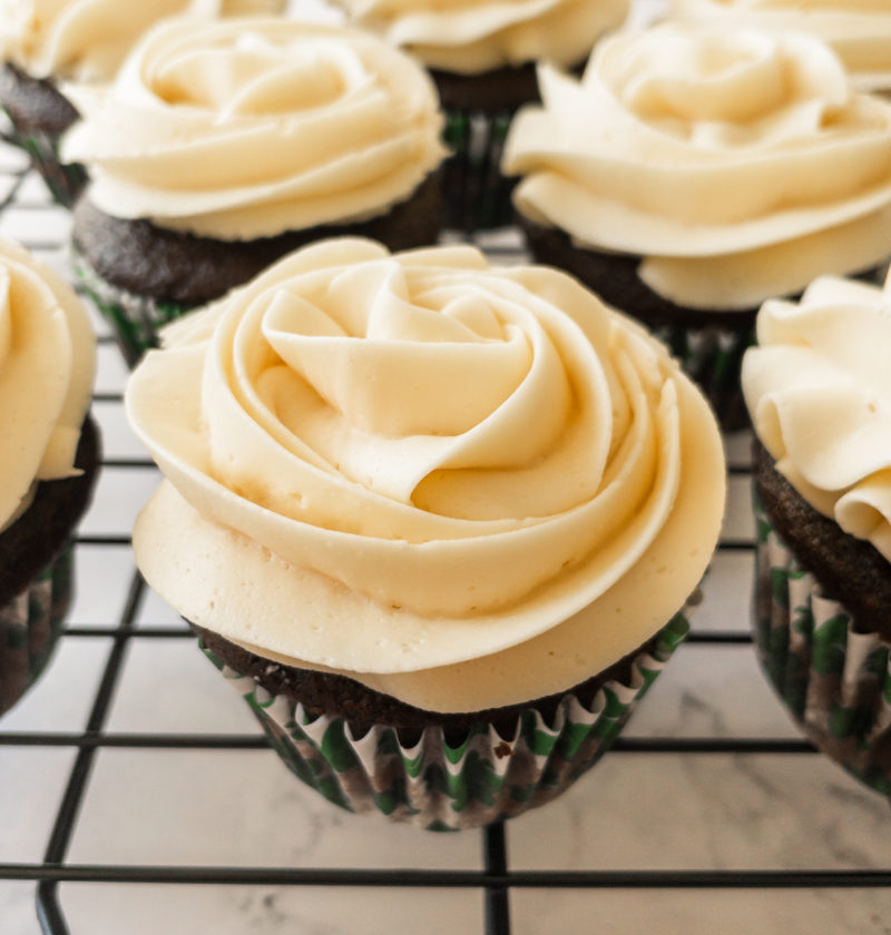 Chocolate cupcakes frosted with Baileys buttercream