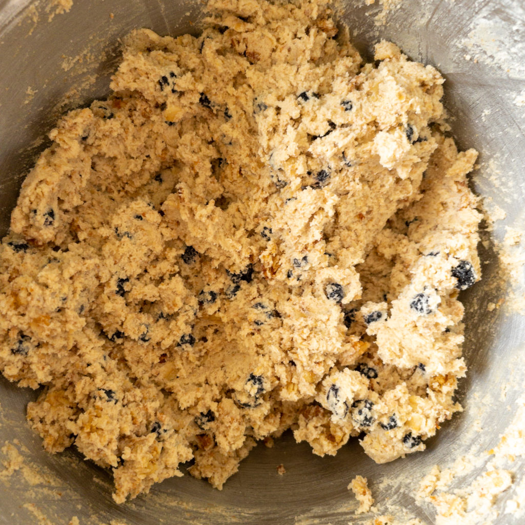 blueberry oat cookie dough in mixing bowl