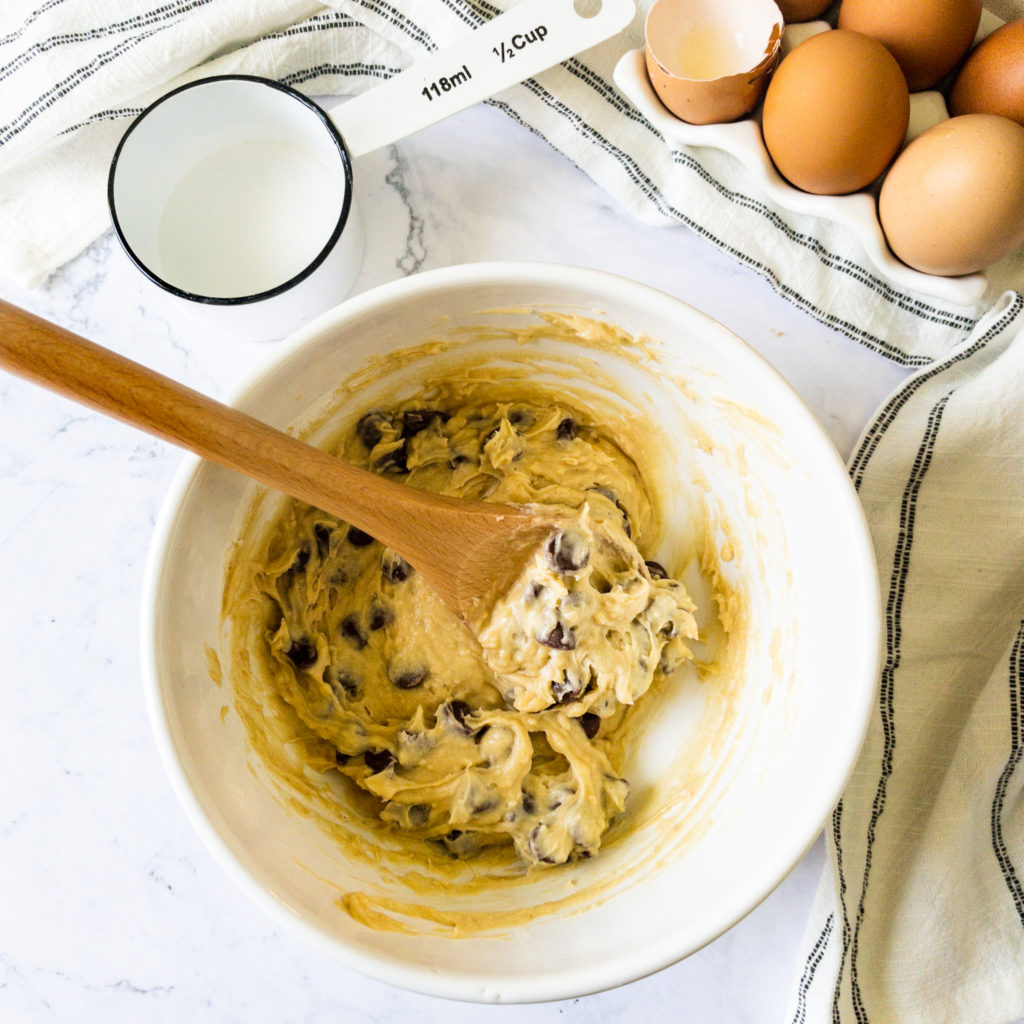 chocolate chip muffin batter in mixing bowl