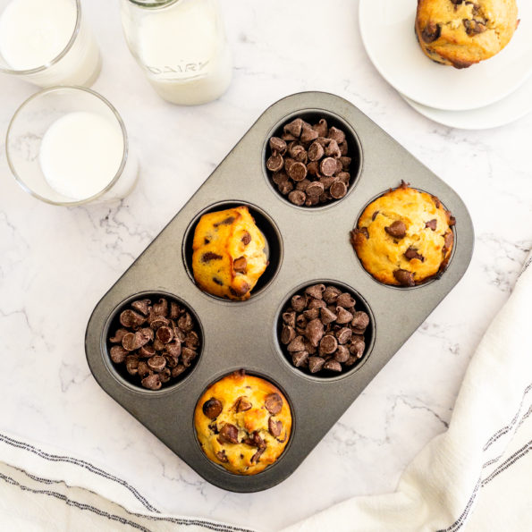 small batch chocolate chip muffins in pan