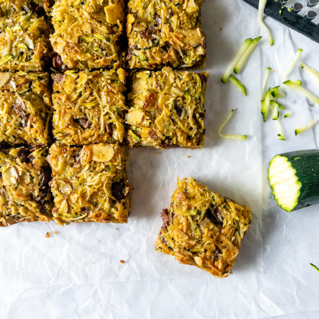 full pan of zucchini slice cut into squares