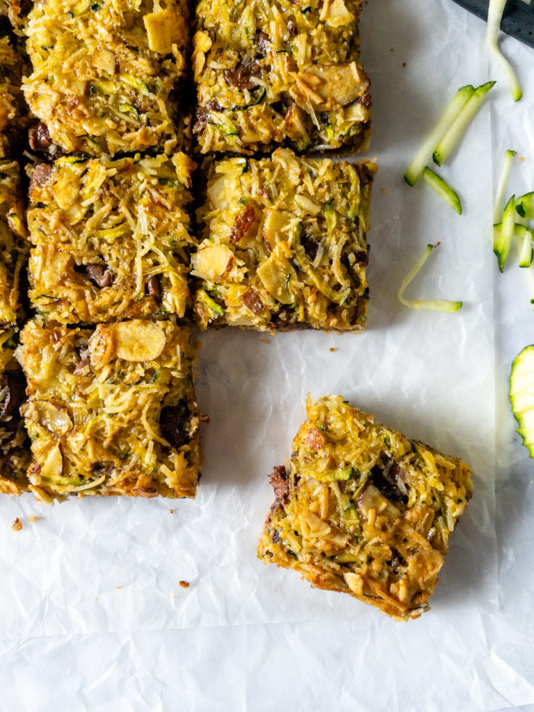 full pan of zucchini slice cut into squares
