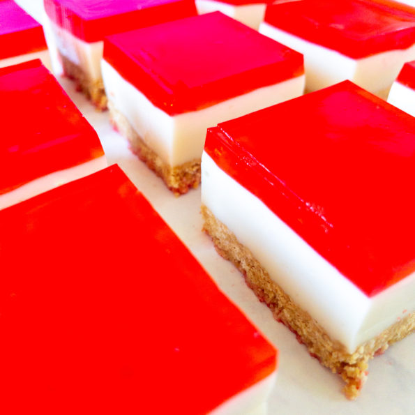 45 degree shot of no bake jelly slice in a row