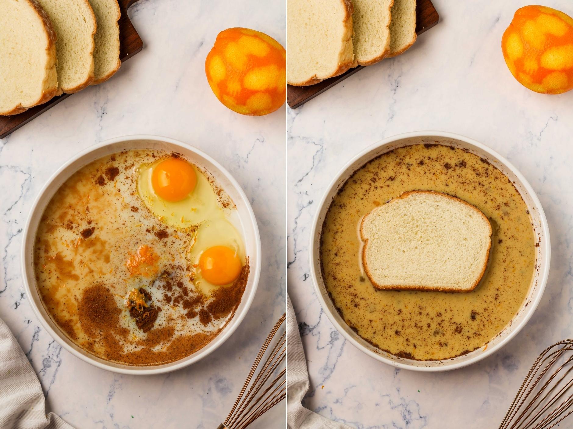Egg custard mixture in bowl with bread