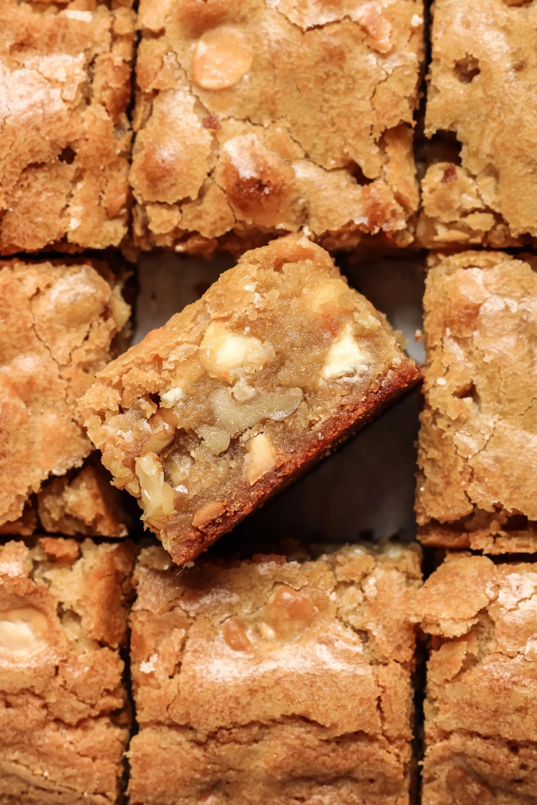 Blondies sliced with one pice turned on its side